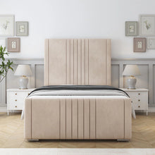 Eva Royal Bed Frame – Luxury Upholstered Bed with Elegant Lined Headboard & Strong Wooden Base