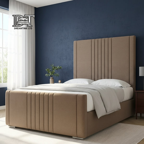Eva Royal Bed Frame – Luxury Upholstered Bed with Elegant Lined Headboard & Strong Wooden Base