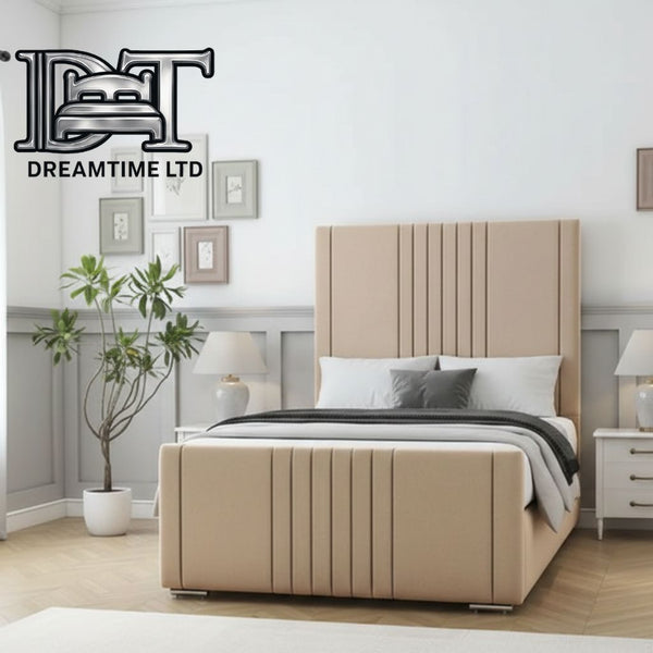 Eva Royal Bed Frame – Luxury Upholstered Bed with Elegant Lined Headboard & Strong Wooden Base
