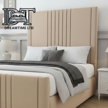Eva Royal Bed Frame – Luxury Upholstered Bed with Elegant Lined Headboard & Strong Wooden Base
