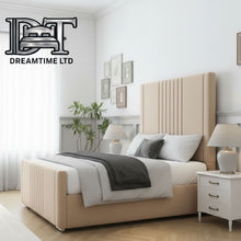 Eva Royal Bed Frame – Luxury Upholstered Bed with Elegant Lined Headboard & Strong Wooden Base