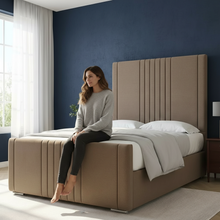 Eva Royal Bed Frame – Luxury Upholstered Bed with Elegant Lined Headboard & Strong Wooden Base